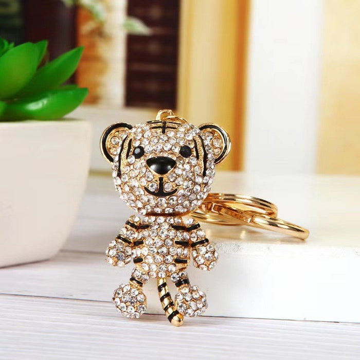 Rhinestone Cub Tiger Keychain Gold Clasp Clear Stones