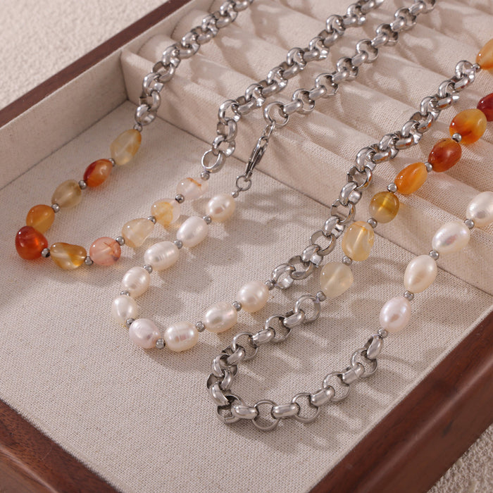 Steel Tone Chain Necklace Natural Stone Freshwater Pearl Half