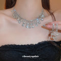 Silver Crystal Flower Fringe Necklace and Earring Set view 2