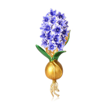 Enamel Hyacinth Flower Brooch Gold Bulb Green Leaves