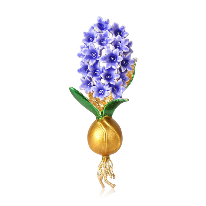 Enamel Hyacinth Flower Brooch Gold Bulb Green Leaves