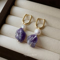 Gold Oval Huggie Pearl Raw Amethyst Stone Drop Earrings view 3