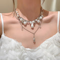 Silver Tone Layered Pearl and Teardrop Statement Necklace view 4