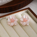 Pink Layered Flower Pearl Look Cluster Stud Earrings view 4