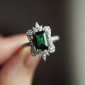 Green Emerald Cut Halo Crown Accent Silver Finger Ring view 2