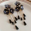 Black Floral Drop Earrings with Beaded Tassel Strands view 6