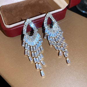 Crystal Baguette Tassel Stud Earrings in Five Color Options