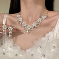 Silver Pearl Flower Necklace Teardrop Drop Earrings Set view 1