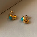 Gold Tone Blue Stone Button Stud Earrings Statement Pair view 1