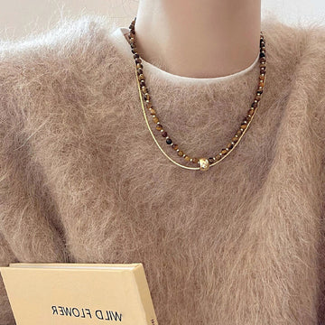 Double Layer Tiger Eye Bead Gold Snake Chain Necklace