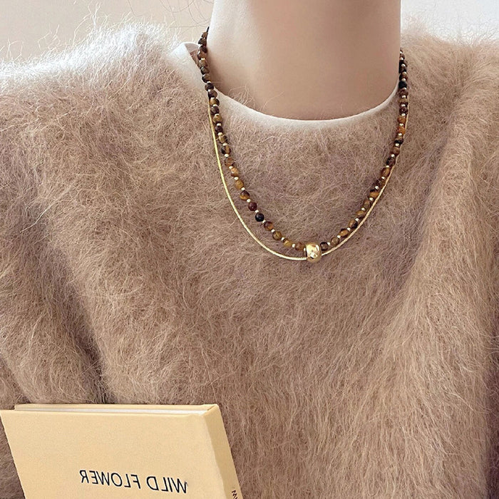 Double Layer Tiger Eye Bead Gold Snake Chain Necklace