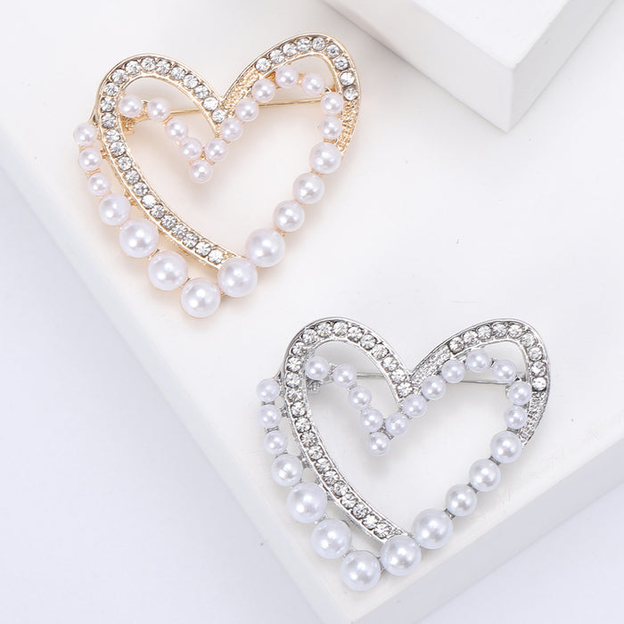 Open Heart Pearl Rhinestone Brooch Gold Silver Tone