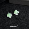 Silver Tone Pale Green Square Stone Clear Corner Halo Stud Earrings view 3