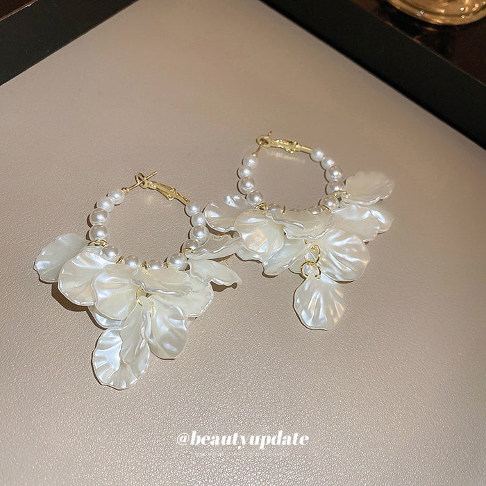 White Petal and Pearl Embellished Hoop Earrings Fashion Jewelry