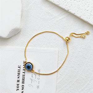 Gold Tone Adjustable Evil Eye Box Chain Slider Bracelet