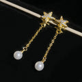 Crystal Star Stud Earrings with Long Pearl Chain Drops view 1