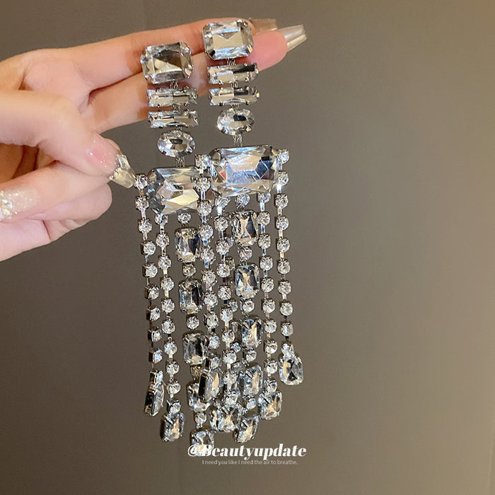 Silver Tone Rectangular Crystal Waterfall Earrings