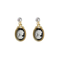 Gold Tone Pearl Top Black White Cameo Profile Medallion Drop Earrings view 5