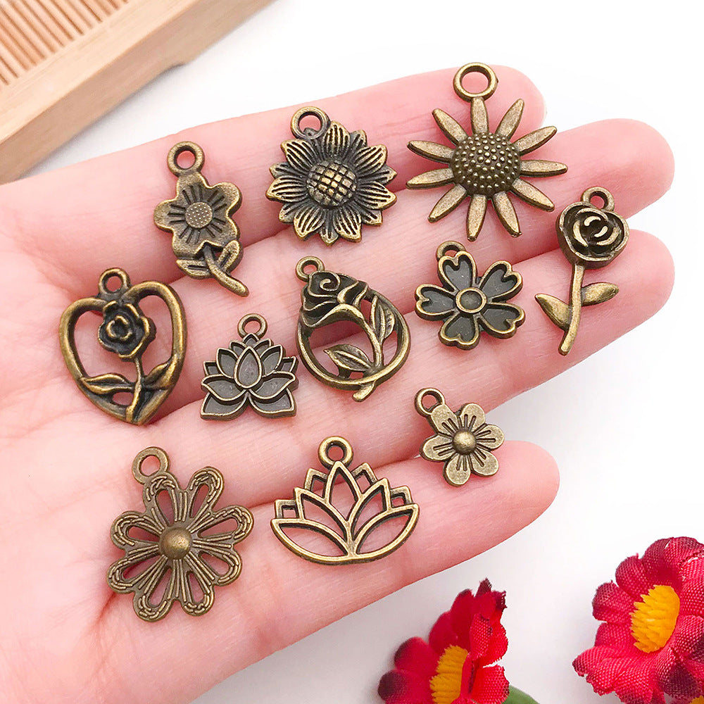 Antique Cyan Zinc Alloy Rose Sunflower Plum Blossom Charm Pendant for DIY Jewelry