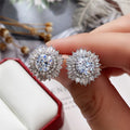 Baguette Sunburst Round Cluster Stud Earrings In Silver Tone view 2