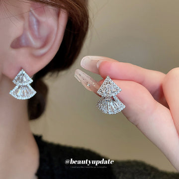 Silver Tone Crystal Double Fan Stud Earrings Decorative Jewelry