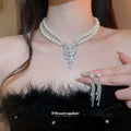 Pearl Necklace Bracelet Earring Set Rhinestone Two Tones view 4