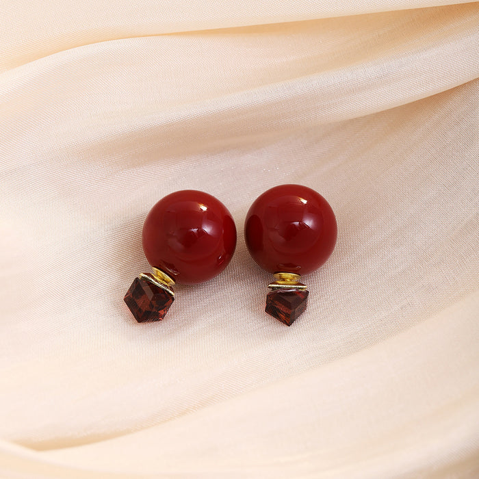 Dark Red Round and Faceted Square Front Back Stud Earrings