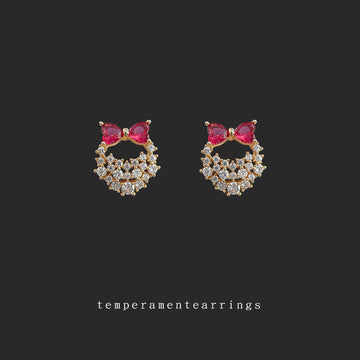 Gold Pink Bow Handbag Stud Earrings Clear Crystal Pave