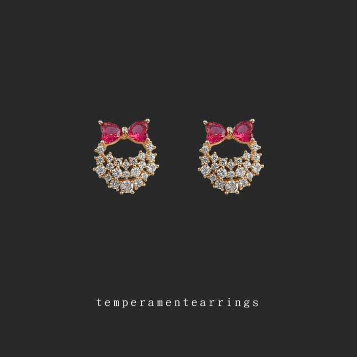 Gold Pink Bow Handbag Stud Earrings Clear Crystal Pave