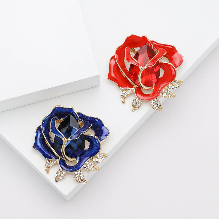 Layered Enamel Rose Brooch in Red or Blue with Crystal Leaves