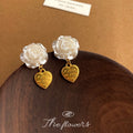 White Camellia Flower Stud Gold Heart Drop Earrings view 2