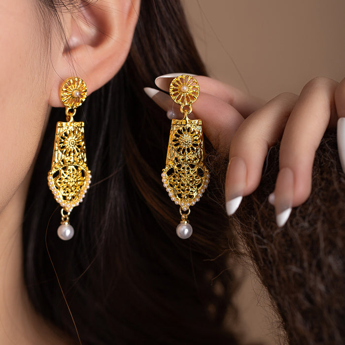 Gold Tone Sun Filigree Teardrop Pearl Look Dangle Earrings