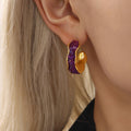 Gold C-Shape Crystal Stone Hoop Stud Earrings Four Colors view 4