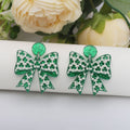 Green Clover Print Bow Stud and Dangle Hook Earrings view 3