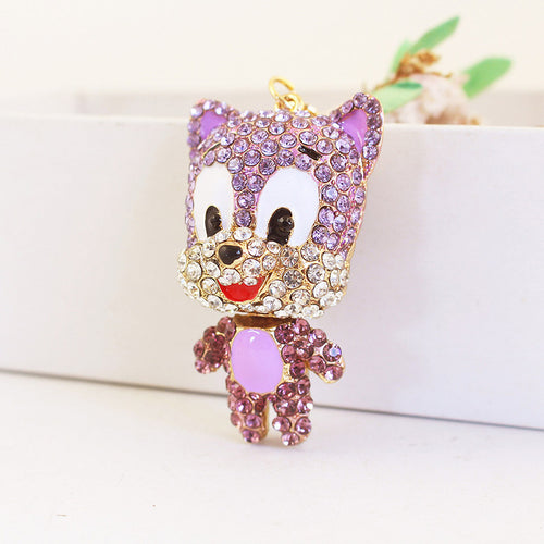 Purple rhinestone cartoon fox pendant shown from the front.