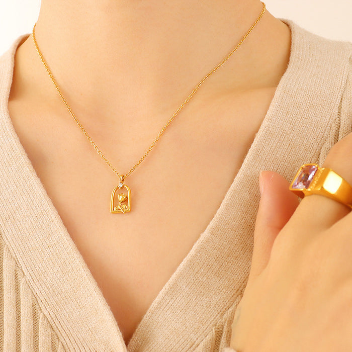 Gold Rose Arch Frame Pendant Necklace Single Zircon Accent