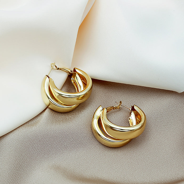 Sculpted Gold Triple Layer Chunky Open C Hoop Earrings