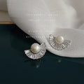 Silver-Tone Fan CZ Pearl Stud Earrings Half-Moon Shape view 4