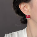 Burgundy Square Cabochon Pearl Frame Stud Earrings view 2