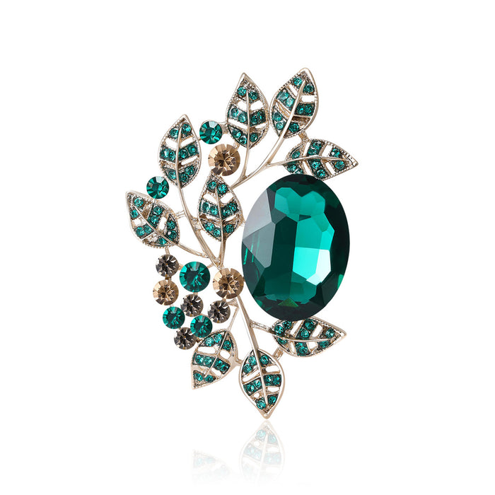 Crystal Oval Gem Leaf Branch Brooch Green Purple Two Styles