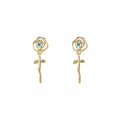 Gold Openwork Rose Drop Stud Earrings Blue Crystal Accents view 5