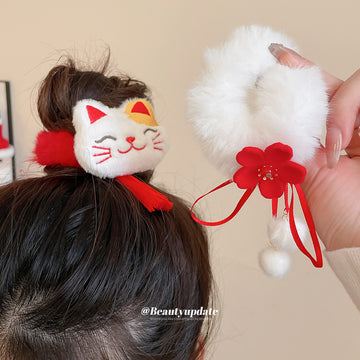 White Plush Maneki Cat Scrunchie Red Pom and Tassel