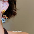 Mottled Stone Flower Drop Earrings In Gold Tone For Distinctive Statement Styling view 3