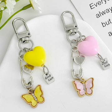 Silver Tone Safety Pin Keychain With Heart Bead And Rhinestone Butterfly