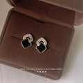 Gold Geometric Black Enamel Stud Earrings Pave Crystal Arc view 1
