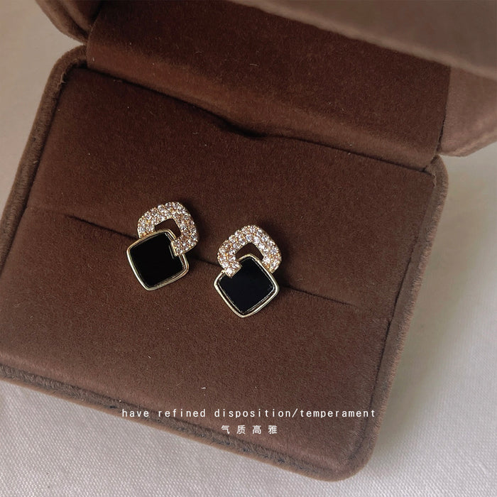 Gold Geometric Black Enamel Stud Earrings Pave Crystal Arc