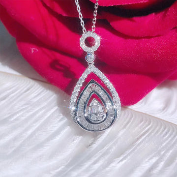 Silver Teardrop Double Halo Clear Pendant Necklace