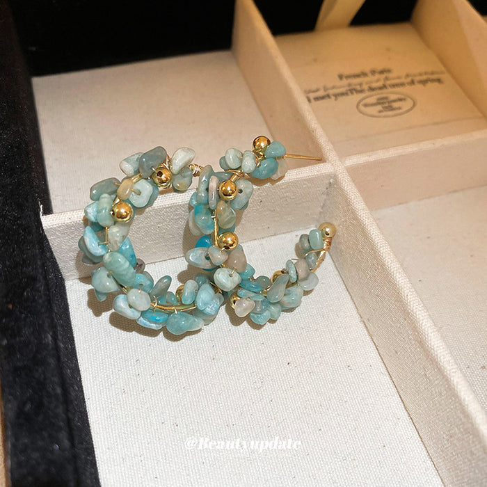 Blue Beaded Crescent Hoop Stud Earrings in Gold Tone
