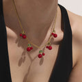 Red Cherry Charm Necklace and Bracelet in Gold Tone view 3