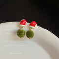 Red Santa Hat Stud Earrings With Green Pom-Pom Drops view 3